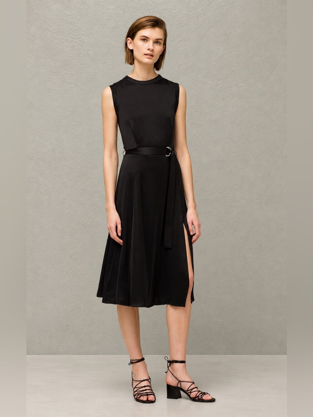 Mango Suit Black Belted Midi Dress Side Slit Size L NWT